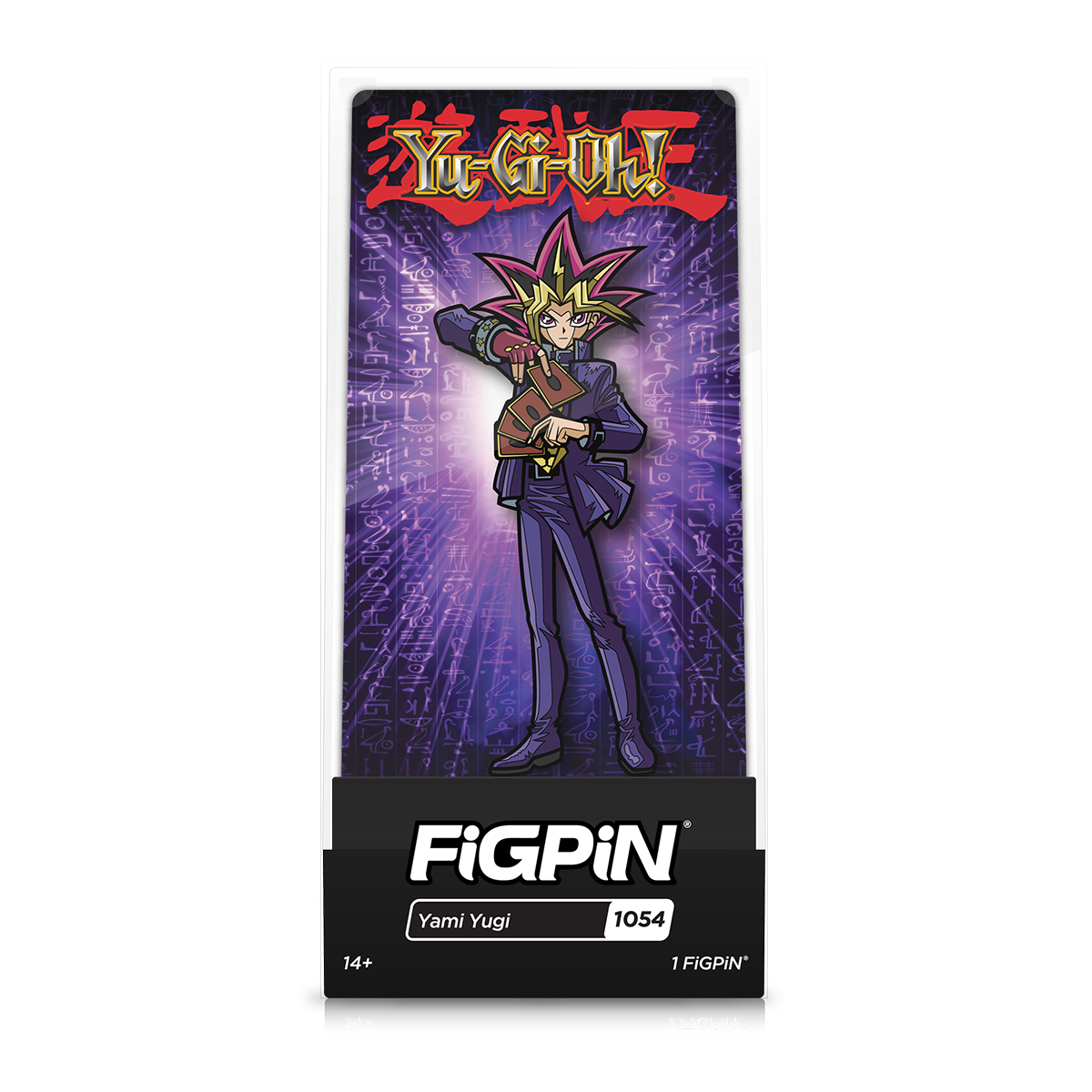 A collectible FiGPiN of Yami Yugi from Yu-Gi-Oh! holding cards, with the Yu-Gi-Oh! logo and hieroglyphic background.