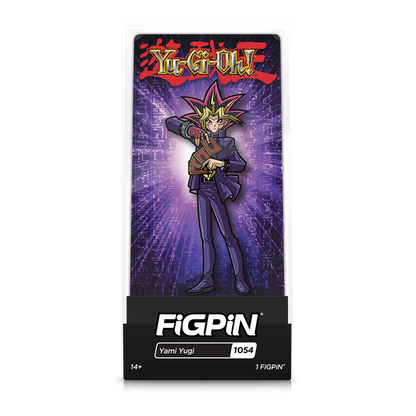 A collectible FiGPiN of Yami Yugi from Yu-Gi-Oh! holding cards, with the Yu-Gi-Oh! logo and hieroglyphic background.