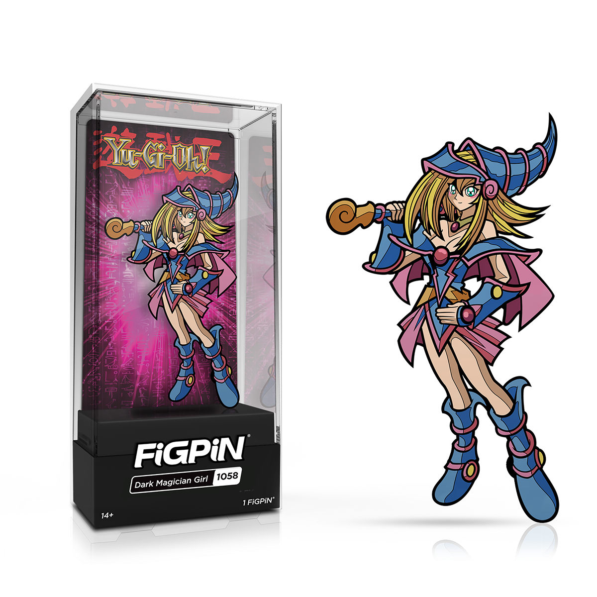 A blue and pink FiGPiN collectible of the Dark Magician Girl from Yu-Gi-Oh! in its display case. Brand: FiGPiN, Item: Dark Magician Girl 1058.