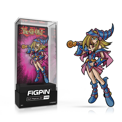 A blue and pink FiGPiN collectible of the Dark Magician Girl from Yu-Gi-Oh! in its display case. Brand: FiGPiN, Item: Dark Magician Girl 1058.