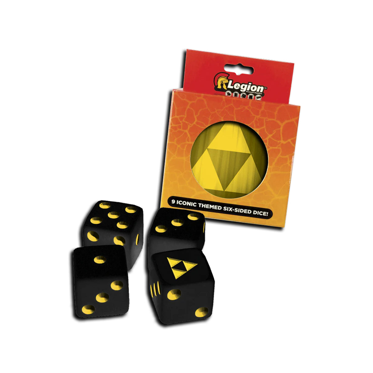 A black set of 4 D6 dice with yellow pips and Triforce symbols. Brand: Legion Supplies, Item: Iconic Tri-Force D6 Dice Tin