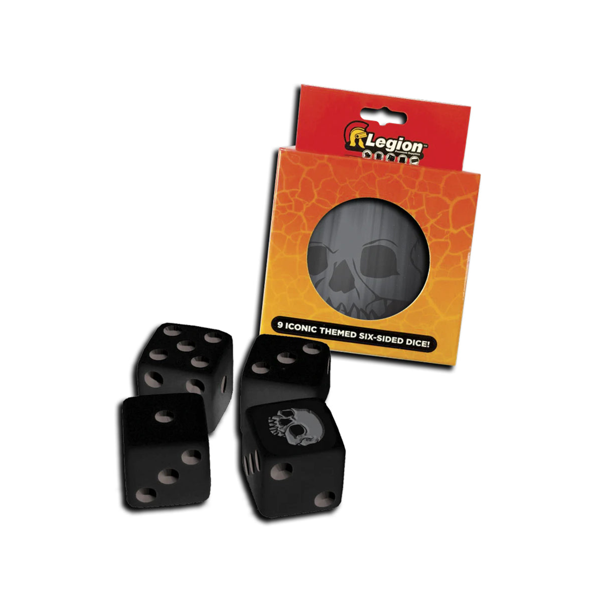 A black Iconic Skull D6 Dice Tin. Brand: Legion Supplies, Item: Iconic Skull D6 Dice Tin.