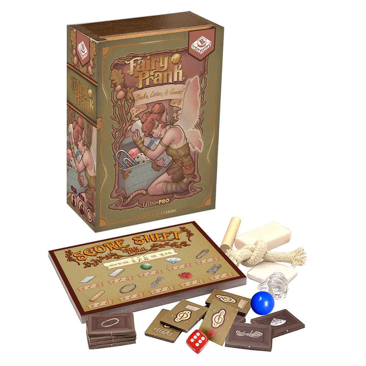 A board game box and components for Fairy Prank by Ultra-Pro.