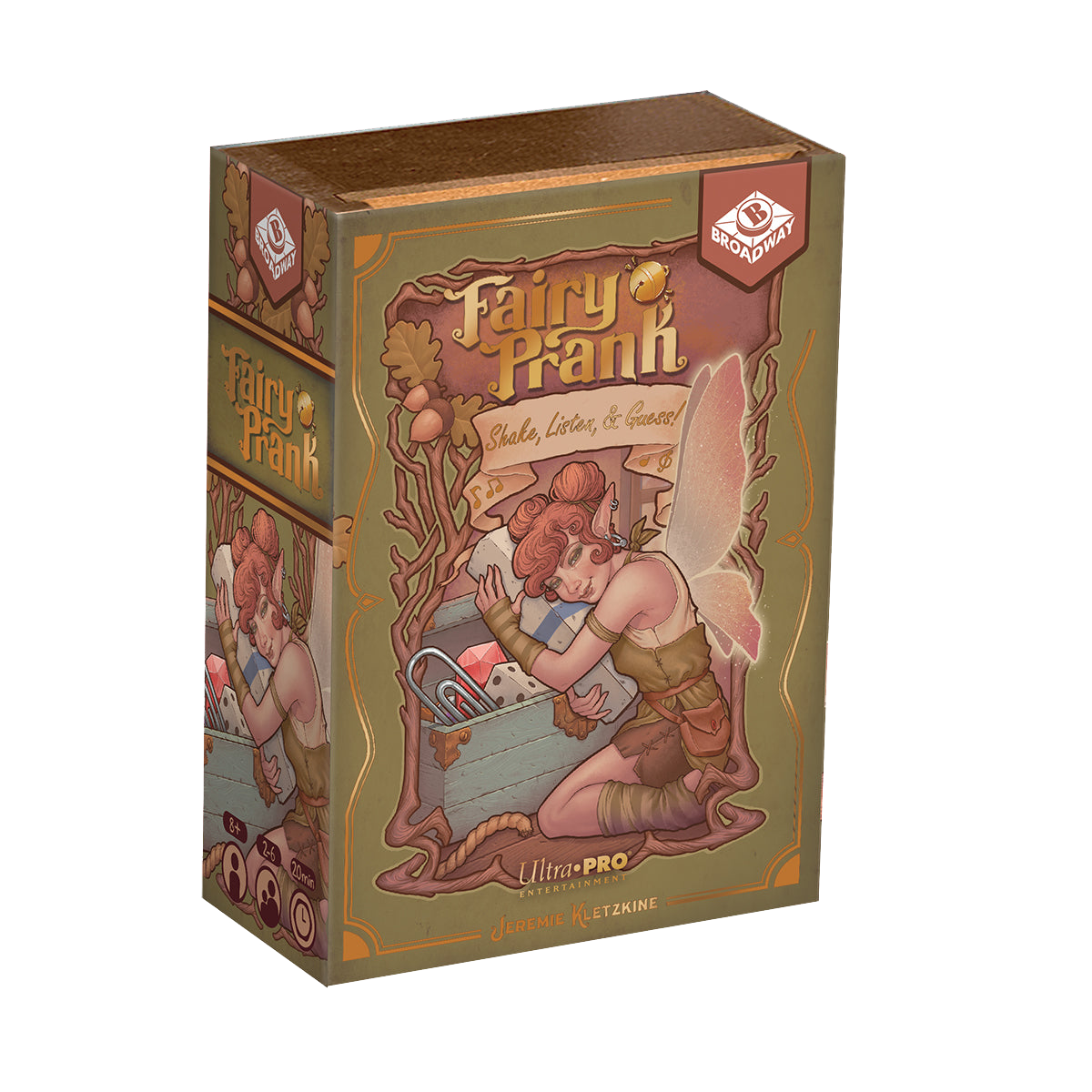 A green and gold Fairy Prank board game box. Brand: Ultra PRO Entertainment, Item: Fairy Prank.