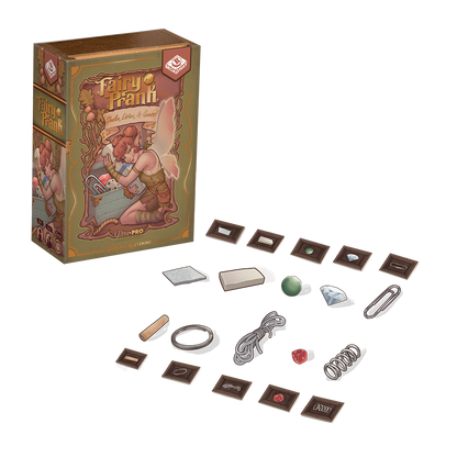 A cardboard game box for Fairy Prank, with various game components scattered around it.