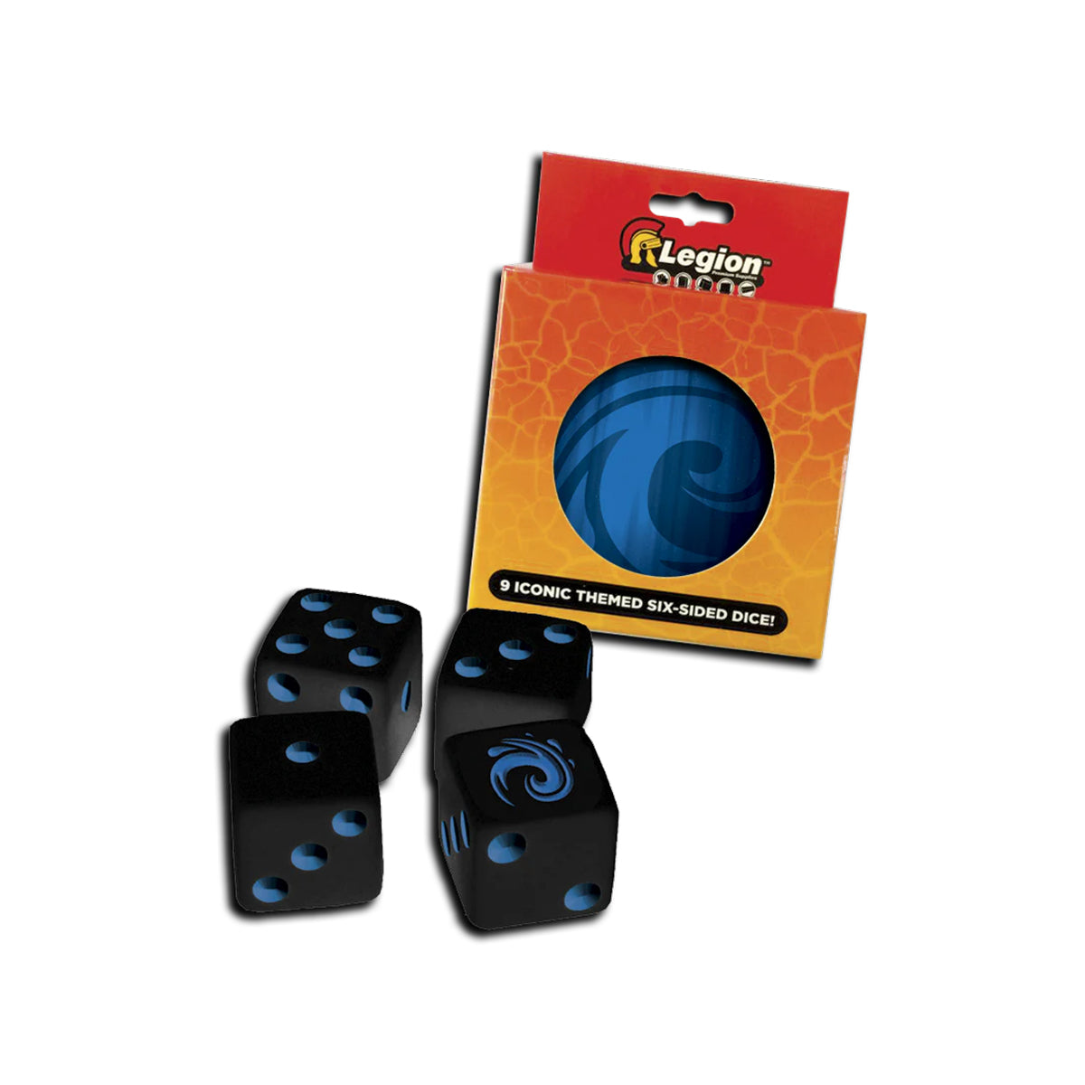 A black and blue six-sided dice set. Brand: Legion Supplies, Item: Iconic Water D6 Dice Tin.
