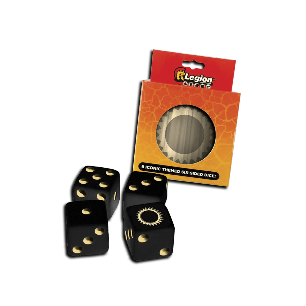 A black set of 4 Legion Supplies Iconic Sun D6 Dice Tin dice.