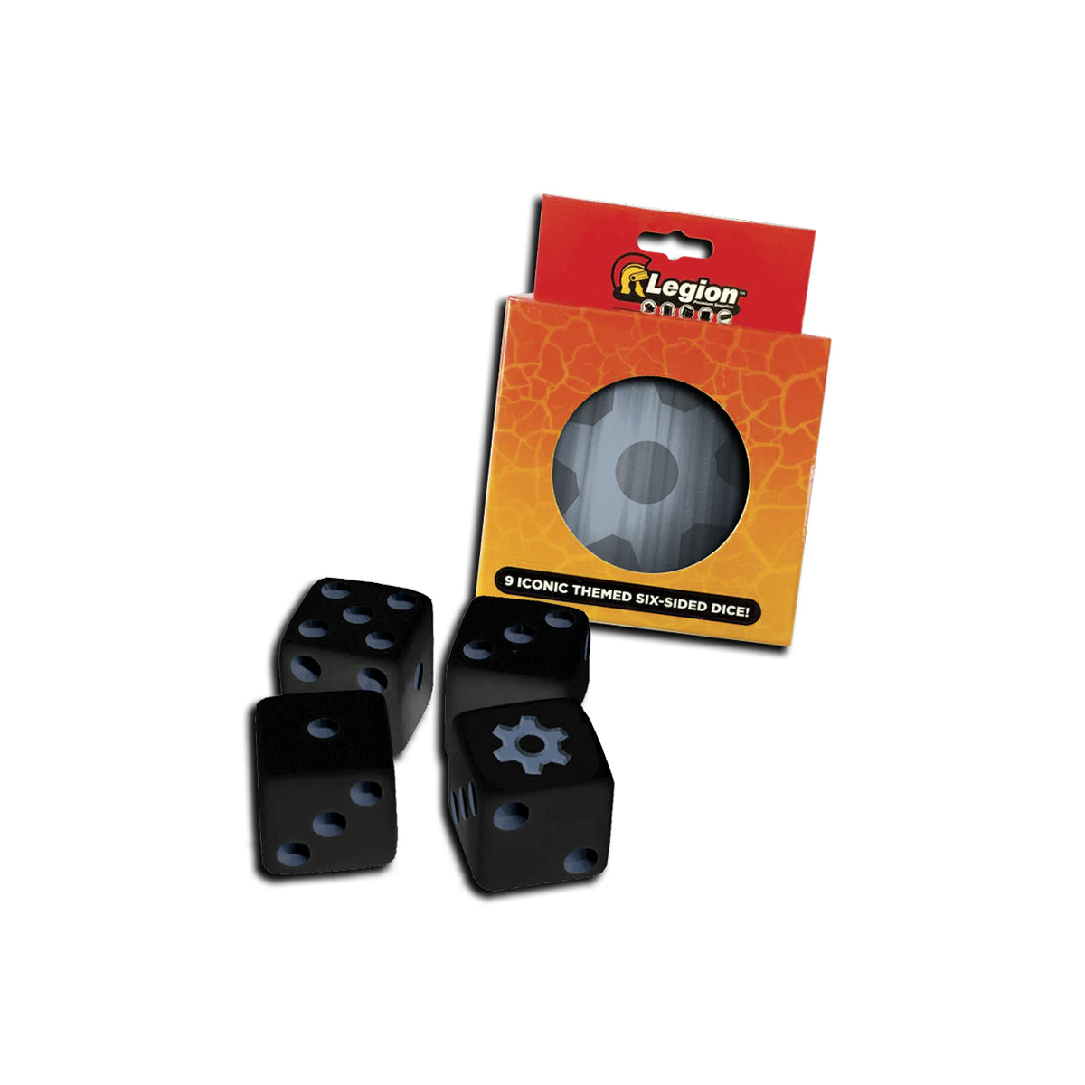 A set of 9 black Iconic Gear D6 dice from Legion Supplies.