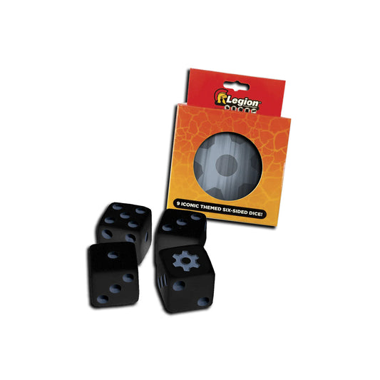 A set of 9 black Iconic Gear D6 dice from Legion Supplies.