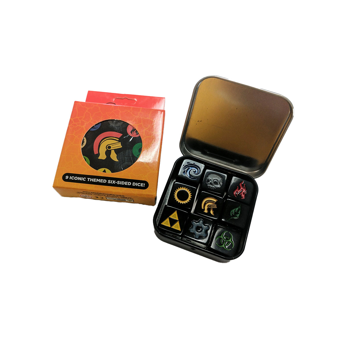 A black dice tin with 9 iconic themed six-sided dice from Legion Supplies.