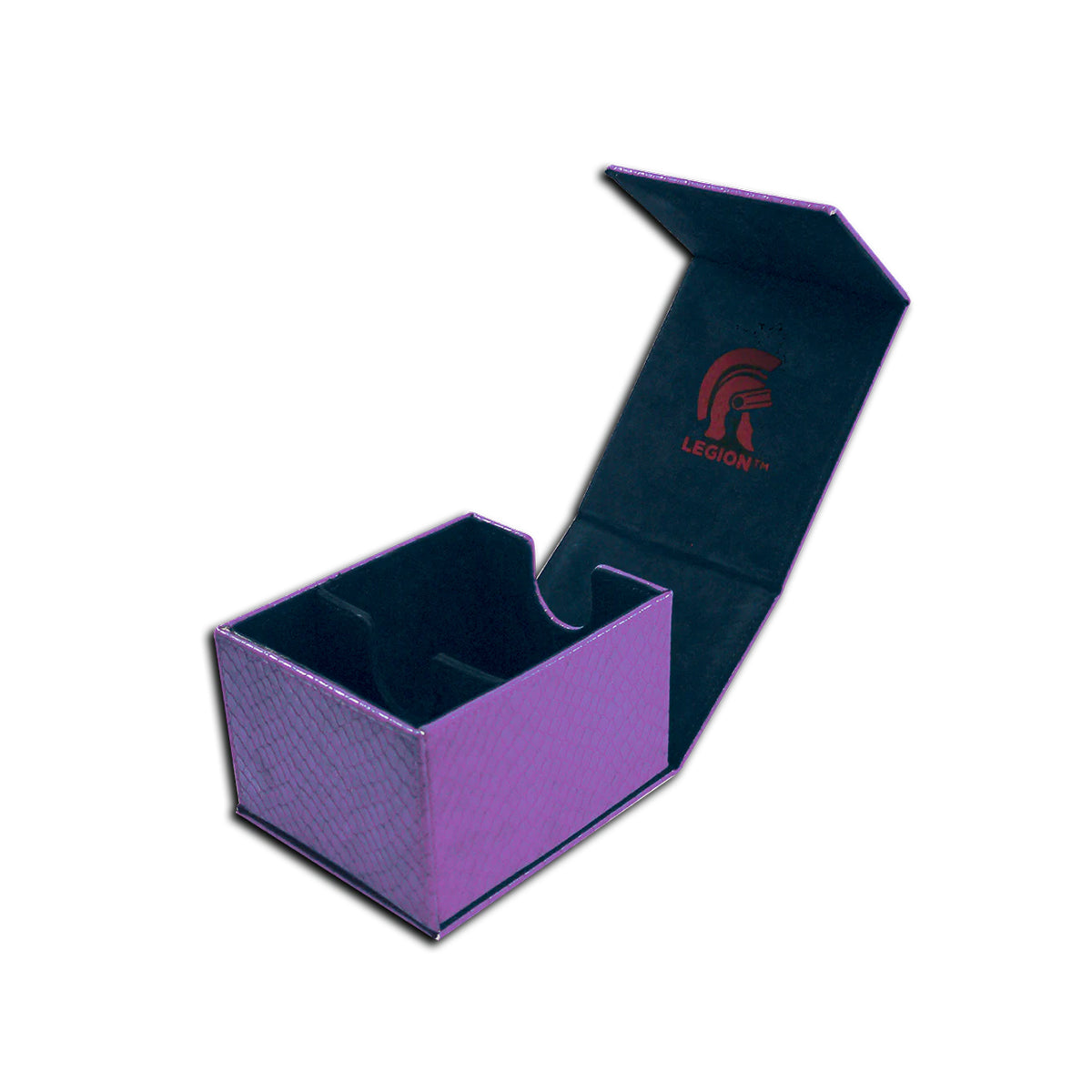 A purple Dragon Hide Hoard Plus deck box. Brand: Legion Supplies, Item: Dragon Hide Purple Hoard Plus.