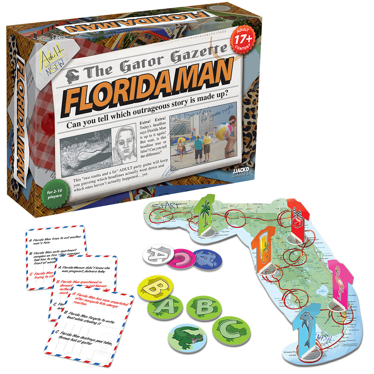 A Florida Man board game box and components. Brand: Jackd Games, Item: Florida Man