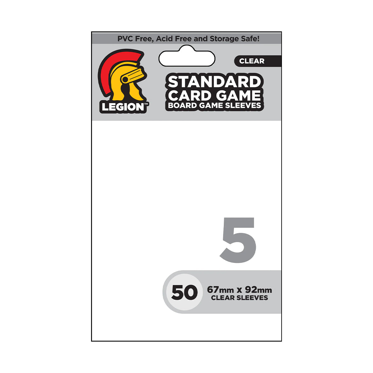 A clear Standard Card Game Board Game Sleeves 5 pack. Brand: Legion Supplies, Item: Standard Card Game Board Game Sleeves 5