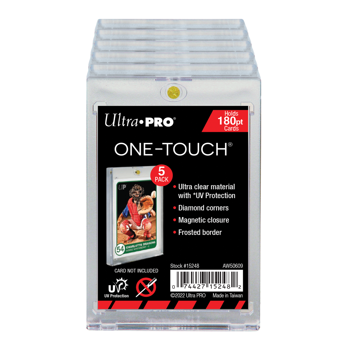A clear Ultra PRO ONE-TOUCH Magnetic Card Holder 5-pack. Holds 180pt cards with UV protection.