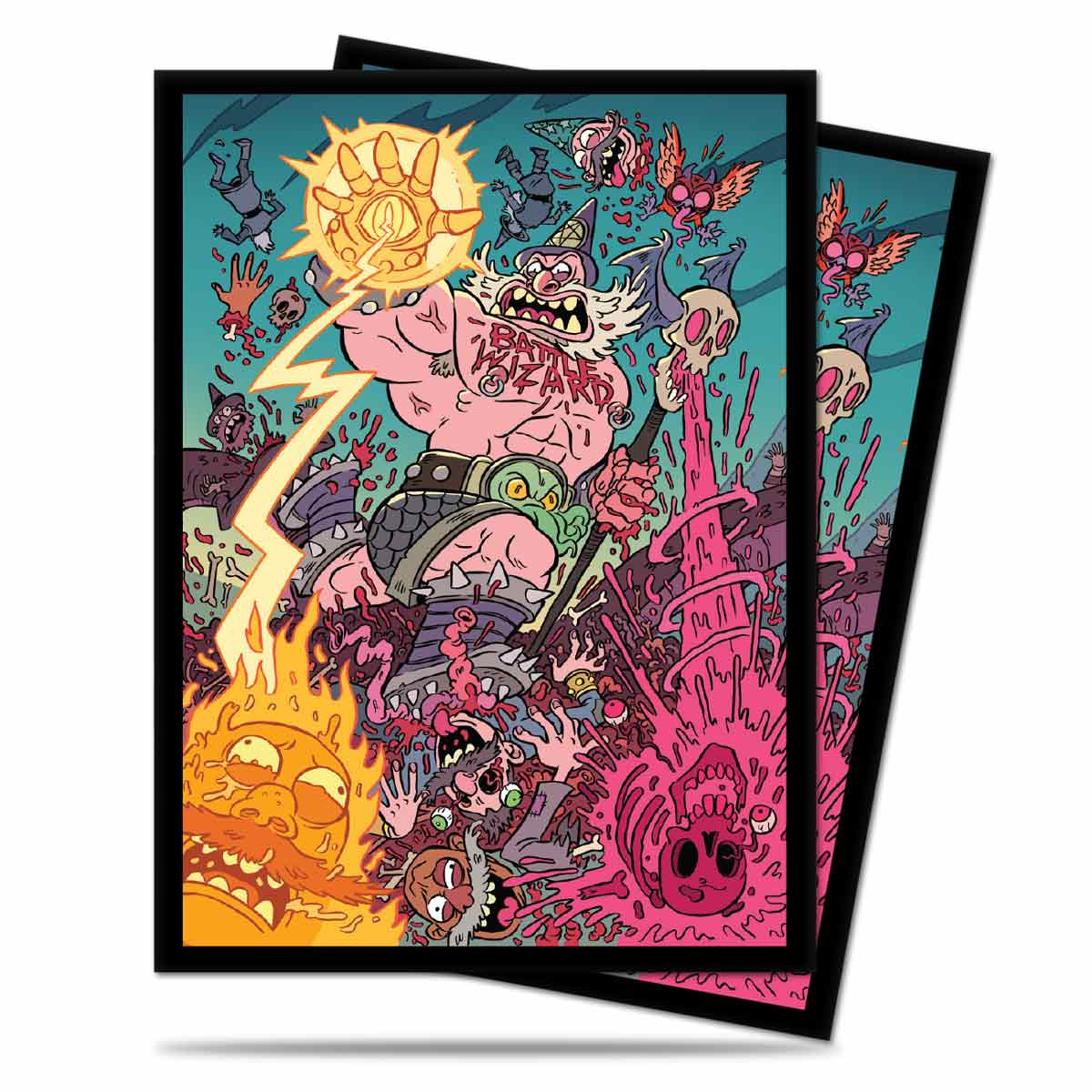 A colorful Ultra PRO Epic Spell Wars Studd Spellslammer Standard DECK PROTECTOR® Sleeves (100ct) featuring a chaotic battle scene with a large warrior casting a spell.