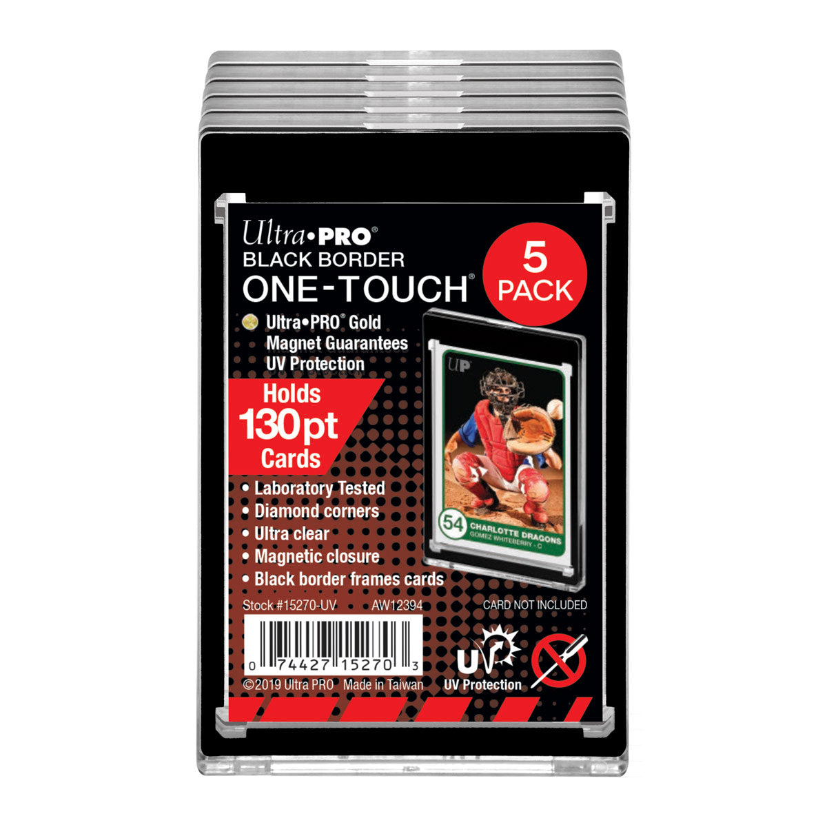 A black border Ultra PRO ONE-TOUCH 5-pack of magnetic card holders. Brand: Ultra PRO, Item: 130PT Black Border UV ONE-TOUCH® Magnetic Holders (5ct)