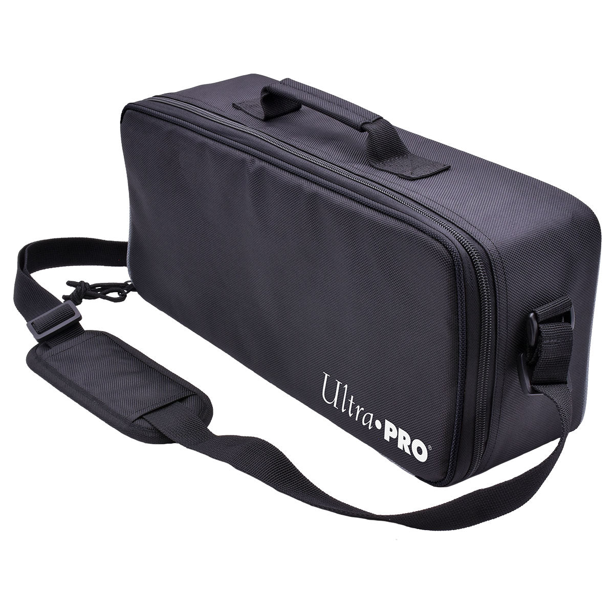 A black Ultra PRO Deluxe Gaming Trove carrying case with a shoulder strap and handle.