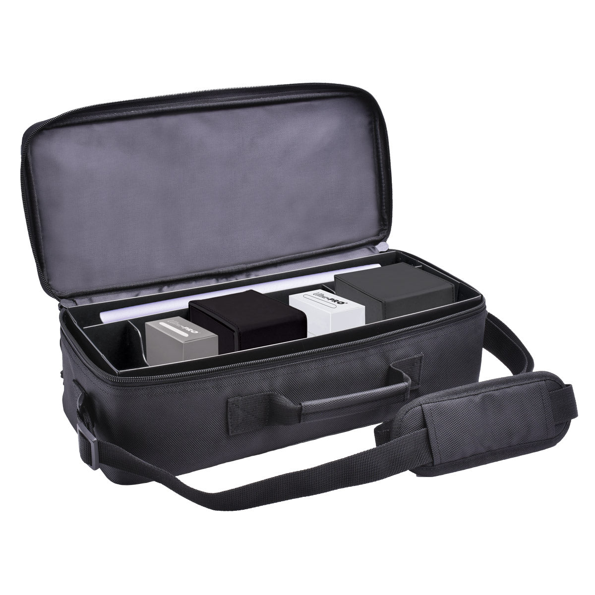 A black Deluxe Gaming Trove storage case. Brand: Ultra PRO, Item: Deluxe Gaming Trove.