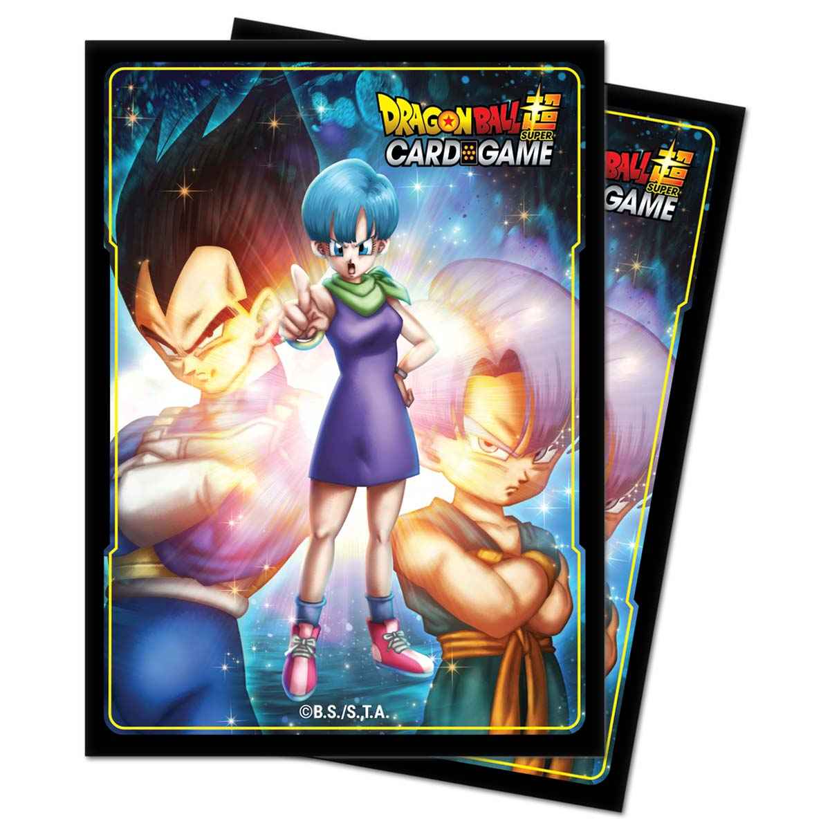 A black and yellow Dragon Ball Super Card Game deck protector sleeves featuring Bulma, Vegeta, and Trunks. Brand: Ultra PRO, Item: Bulma, Vegeta, and Trunks Standard Size DECK PROTECTOR® Sleeves (65ct) for Dragon Ball Super