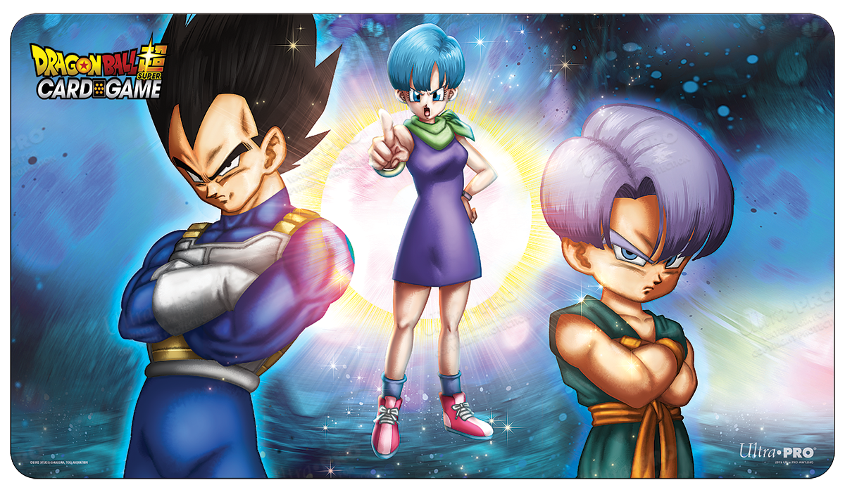 A vibrant Dragon Ball Super Card Game playmat featuring Bulma, Vegeta, and Trunks. Brand: Ultra PRO, Item: Bulma, Vegeta, and Trunks Standard Gaming Playmat Mousepad for Dragon Ball Super.