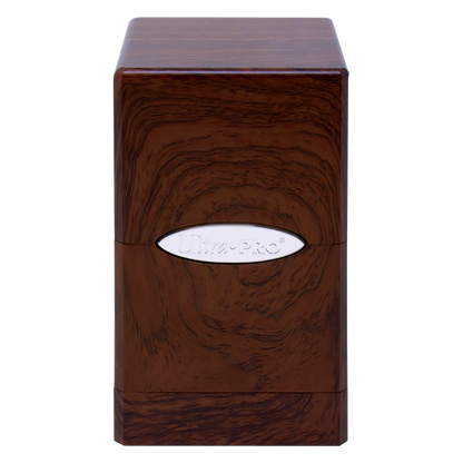A brown wood-grain textured deck box. Brand: Ultra-PRO, Item: Forest Oak SATIN® Tower DECK BOX®.