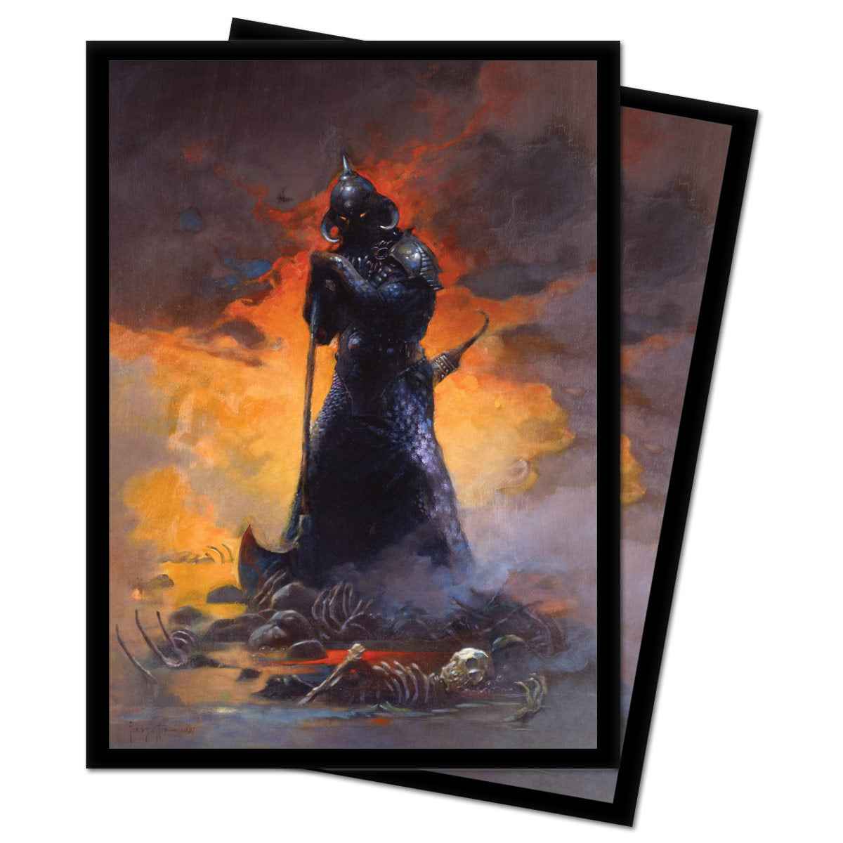 A black bordered deck protector sleeves featuring Frank Frazetta's Death Dealer III artwork. Brand: Ultra PRO, Item: Death Dealer III Standard DECK PROTECTOR® Sleeves (100ct).