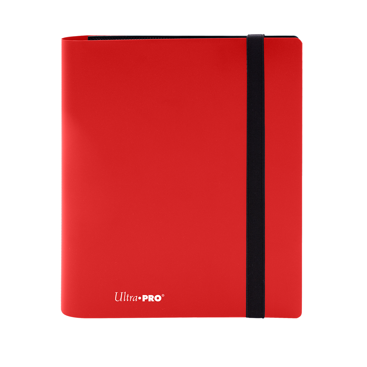 A red Ultra PRO Eclipse 4-Pocket PRO-BINDER with a black elastic strap. Brand: Ultra PRO, Item: ECLIPSE® 4-Pocket PRO-BINDER® - Apple Red.