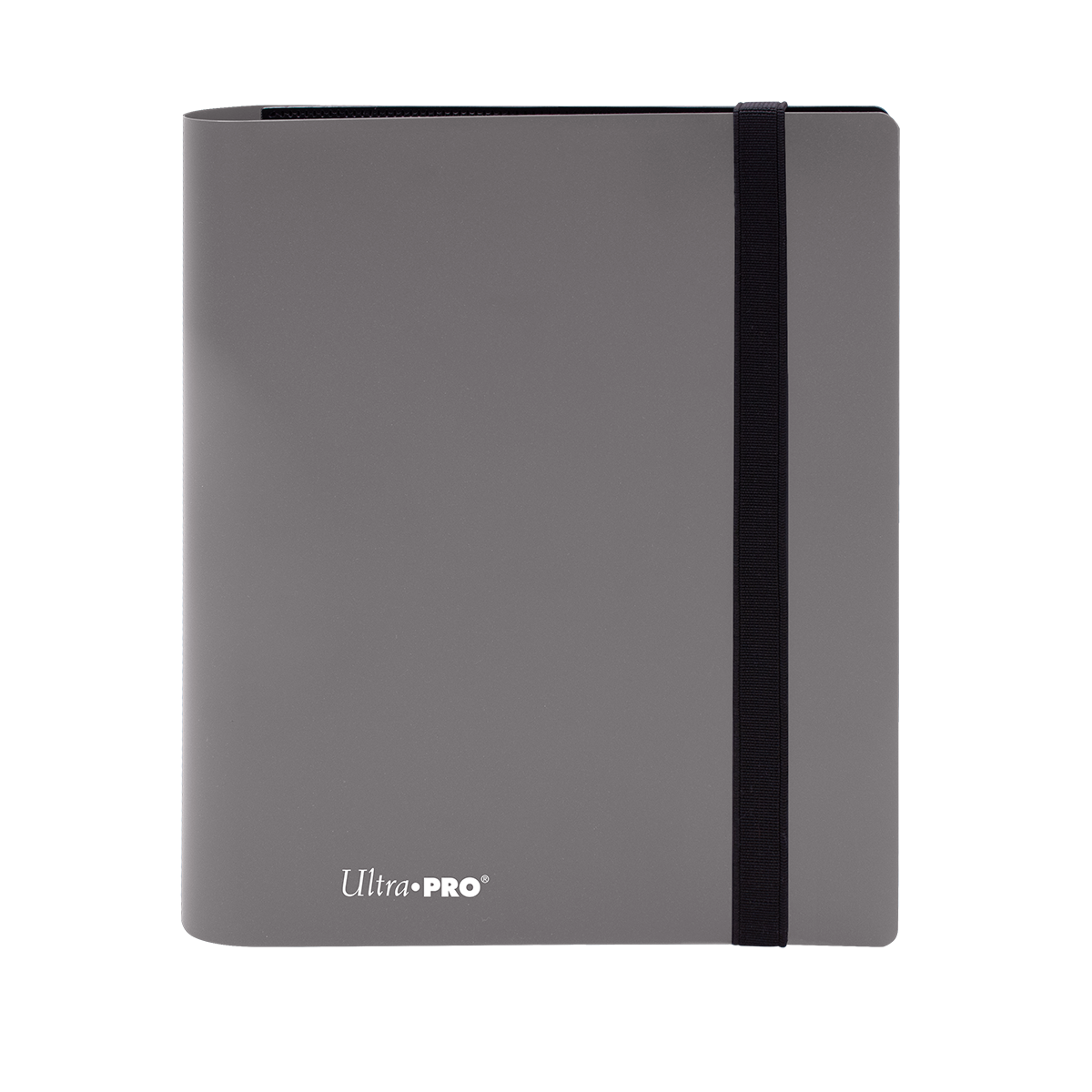A gray Ultra PRO Eclipse 4-Pocket PRO-BINDER with a black elastic closure.