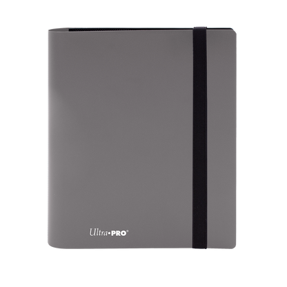 A gray Ultra PRO Eclipse 4-Pocket PRO-BINDER with a black elastic closure.
