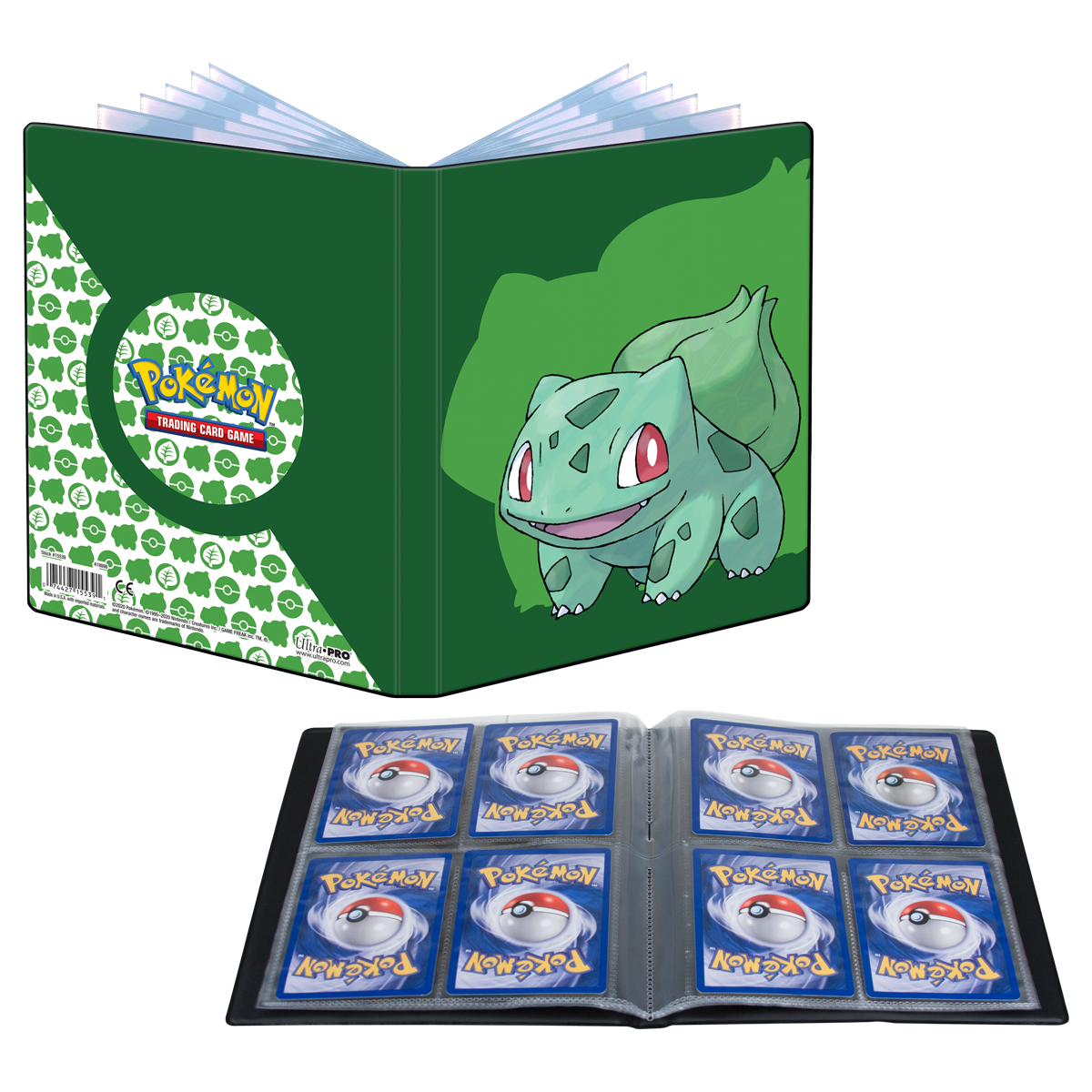 A green Bulbasaur 4-Pocket Portfolio for Pokemon Trading Cards. Brand: Ultra PRO.
