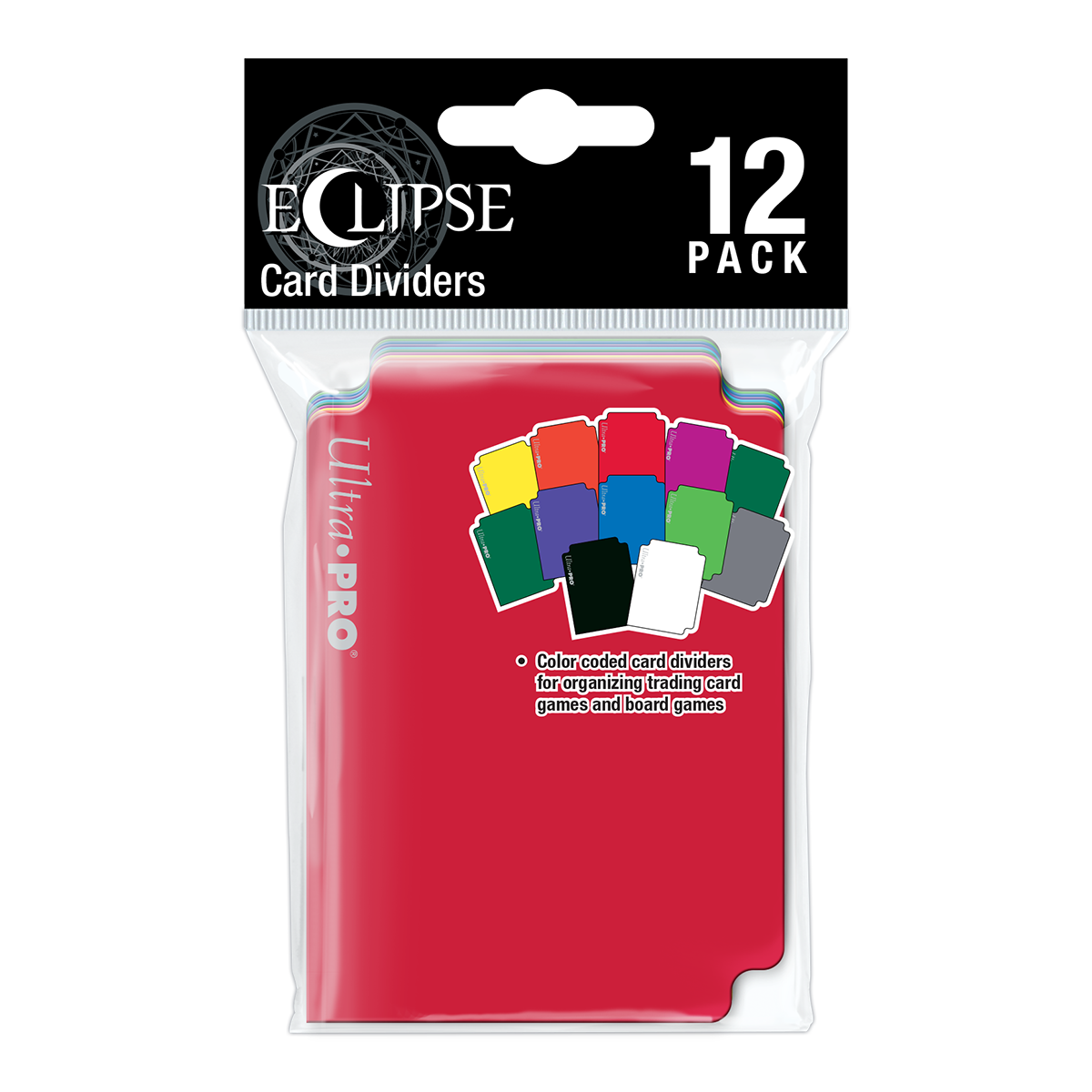 A red Eclipse Card Dividers 12 Pack by Ultra PRO. Features color-coded dividers for organizing trading card games and board games.
