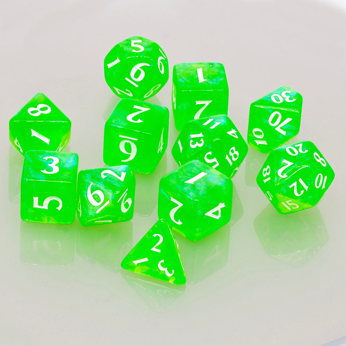 A Lime Green Acrylic RPG Dice Set (11ct) from Ultra PRO.
