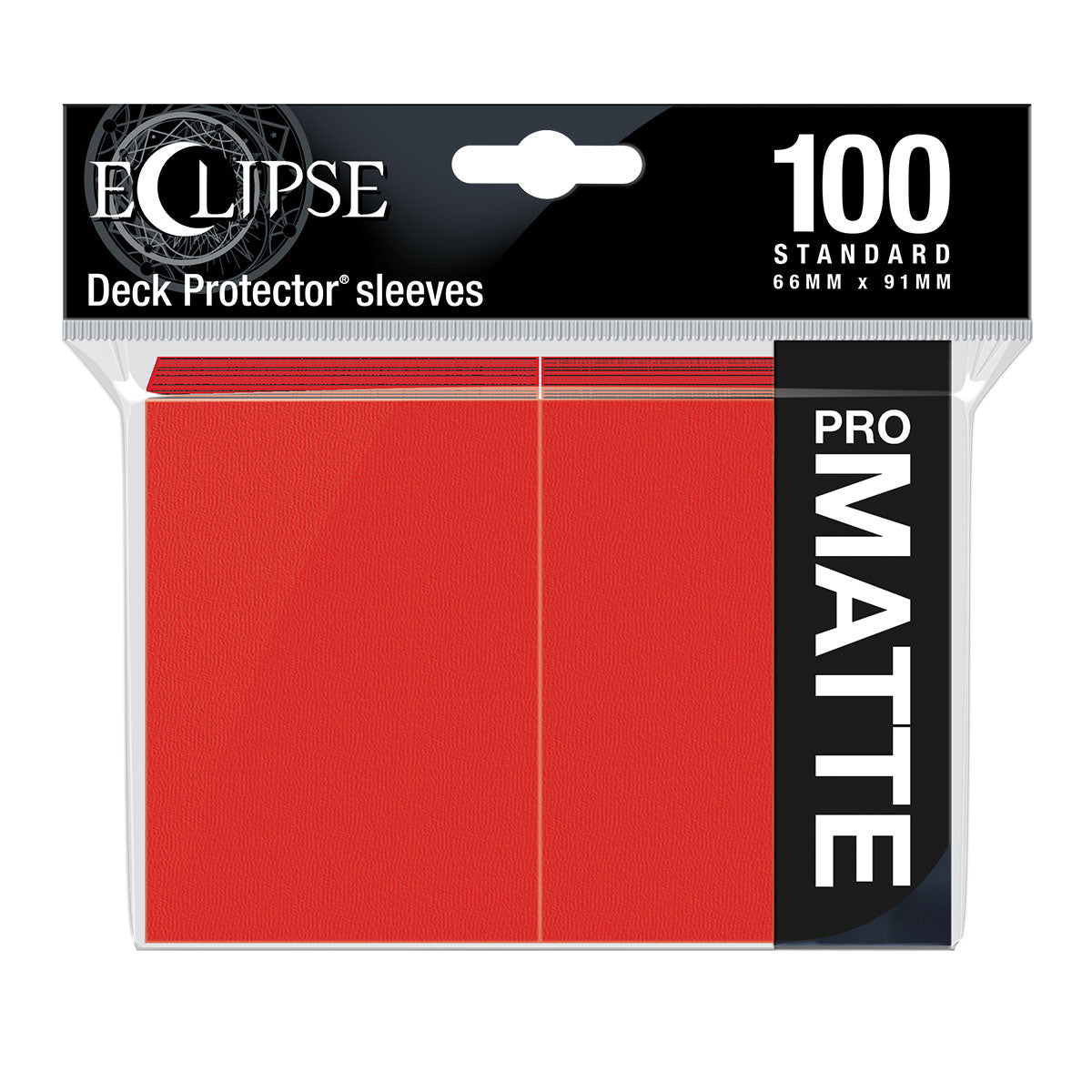 A red Eclipse Matte Standard Deck Protector Sleeves (100ct). Brand: Ultra PRO, Item: ECLIPSE® Matte Standard DECK PROTECTOR® Sleeves (100ct) - Apple Red.