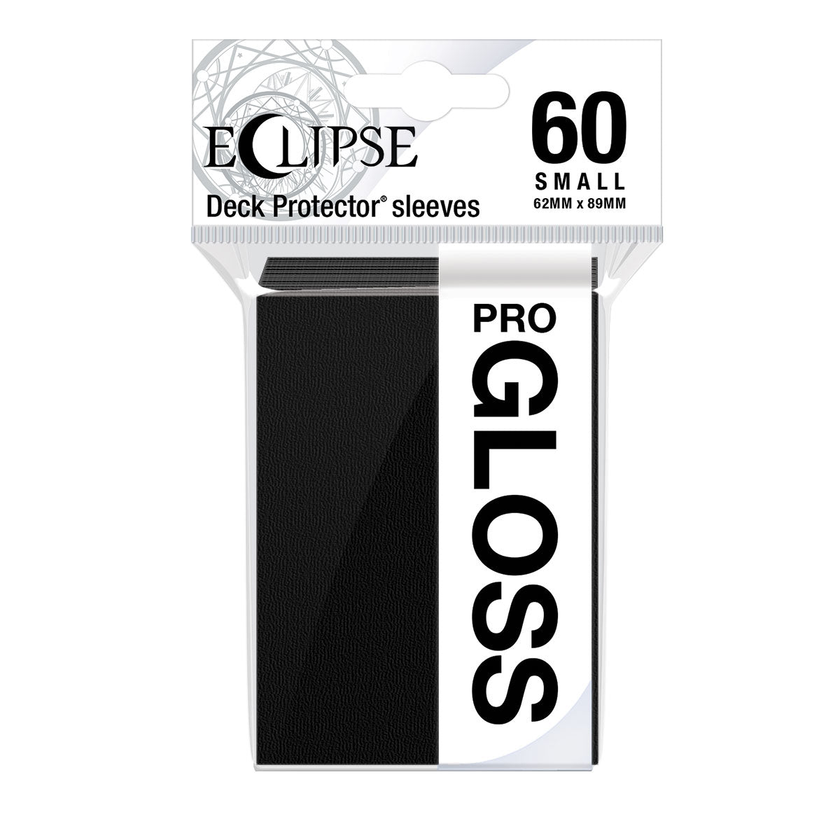 A black Eclipse Gloss Small Deck Protector Sleeves. Brand: Ultra PRO, Item: ECLIPSE® Gloss Small DECK PROTECTOR® Sleeves (60ct) - Jet Black