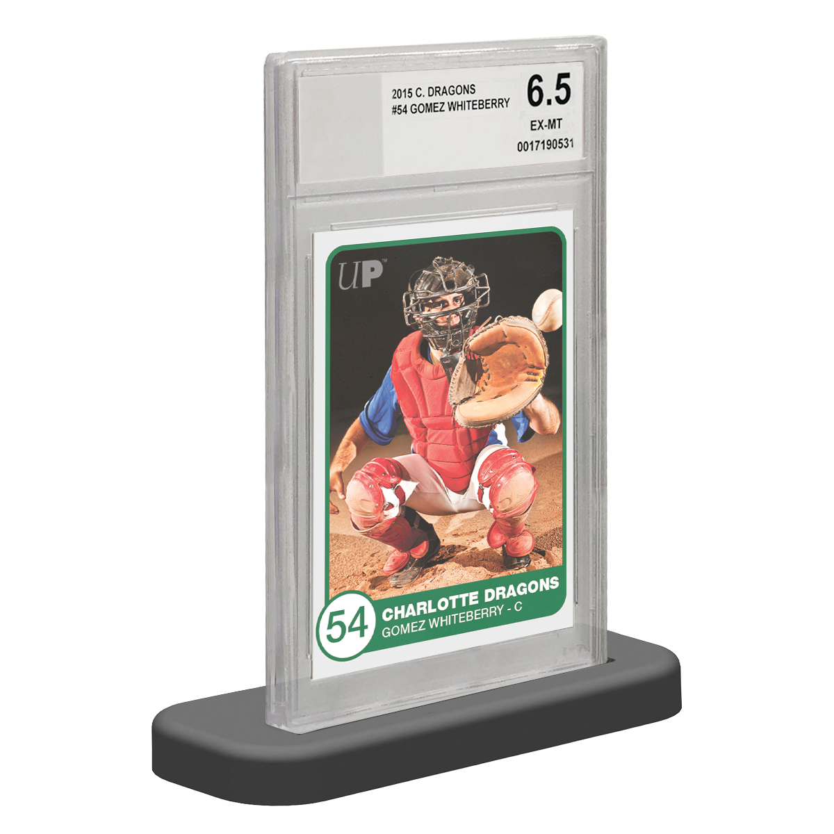 A clear graded card stand holding a 2015 C. Dragons #54 Gomez Whiteberry baseball card graded 6.5 EX-MT.