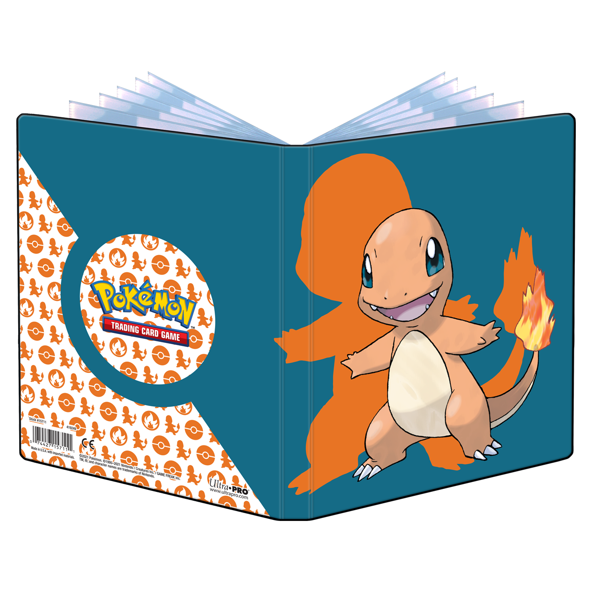 A blue Charmander 4-Pocket Portfolio. Brand: Ultra PRO, Item: Charmander 4-Pocket Portfolio for Pokémon