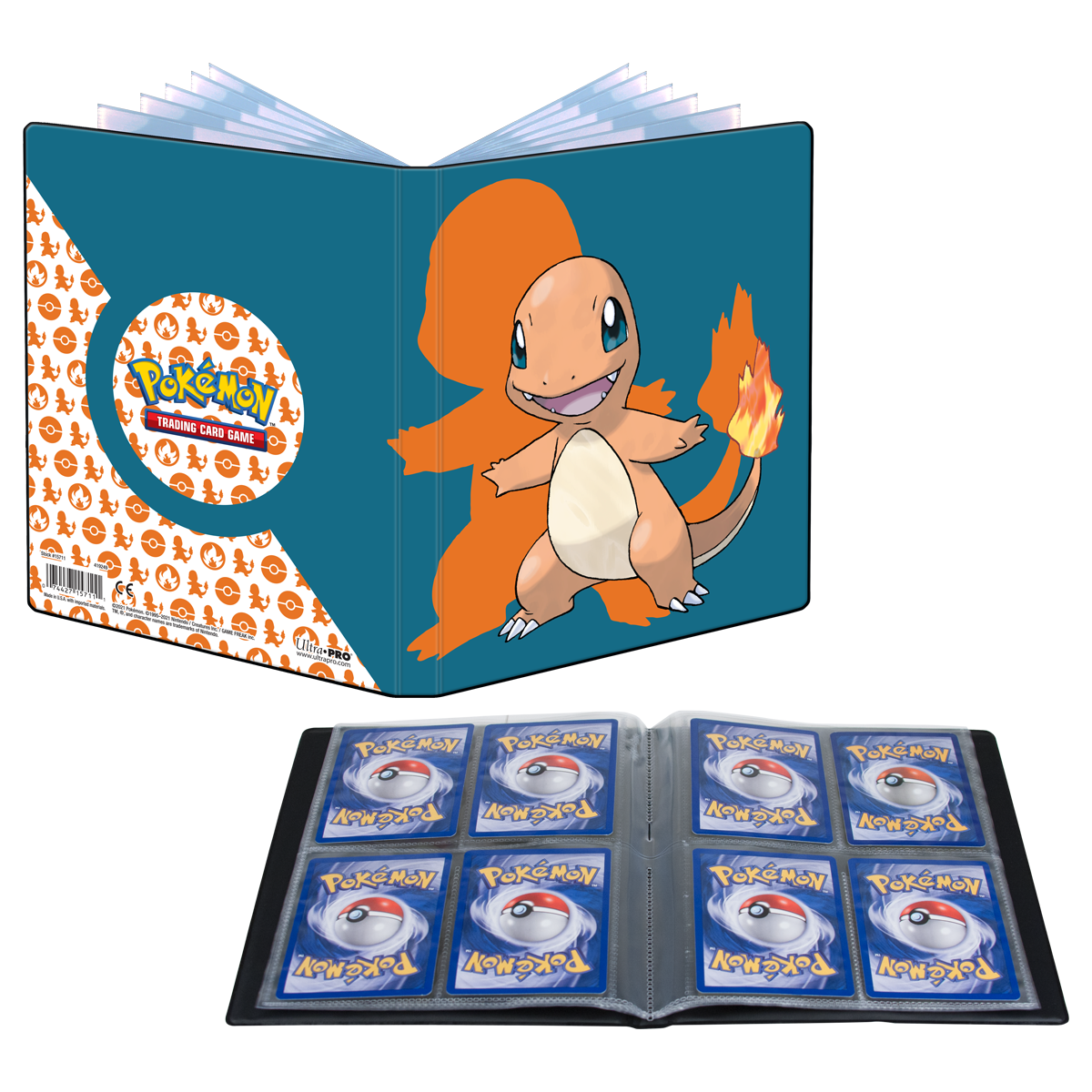 A blue Charmander 4-Pocket Portfolio for Pokemon Trading Cards. Brand: Ultra-Pro.