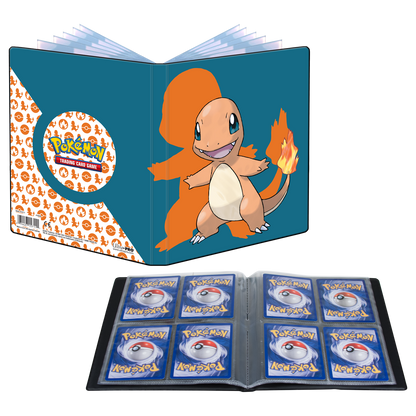 A blue Charmander 4-Pocket Portfolio for Pokemon Trading Cards. Brand: Ultra-Pro.
