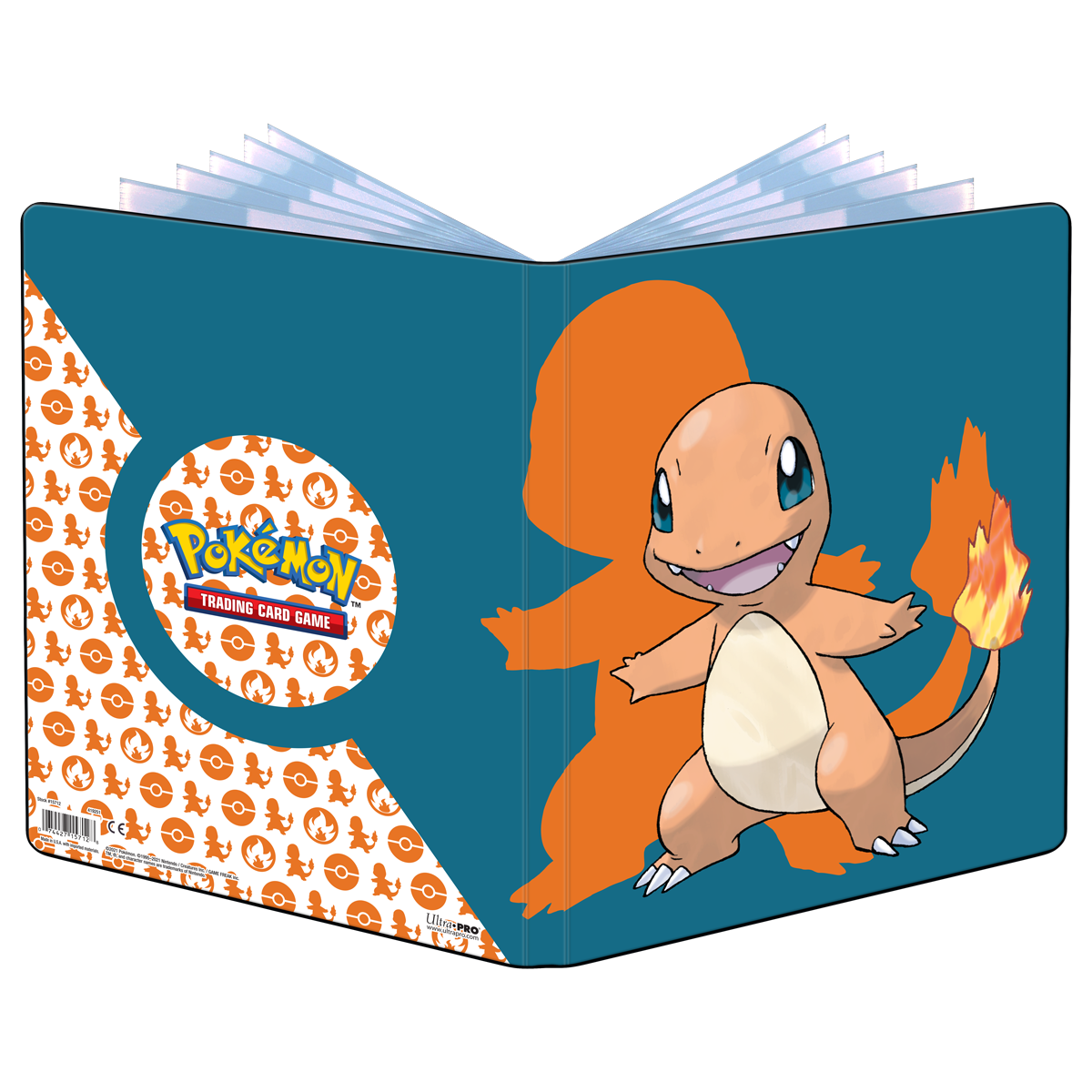 A blue and orange Charmander 9-Pocket Portfolio for Pokemon Trading Card Game. Brand: Ultra PRO, Item: Charmander 9-Pocket Portfolio.