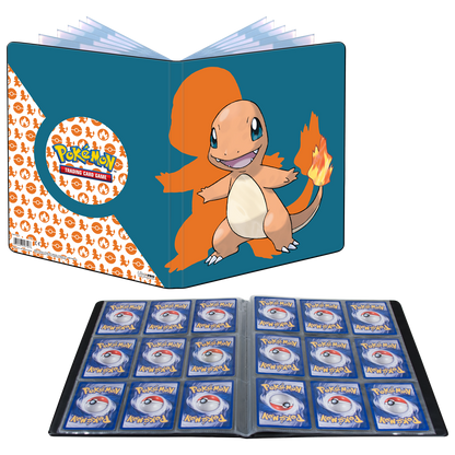 A blue Charmander 9-Pocket Portfolio for Pokemon Trading Cards. Brand: Ultra Pro, Item: Charmander 9-Pocket Portfolio.