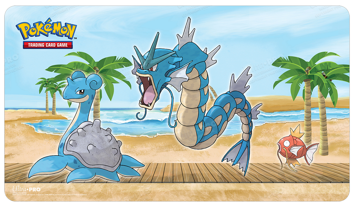A colorful Pokemon themed playmat featuring Lapras, Gyarados, and Magikarp on a beach. Brand: Ultra PRO, Item: Gallery Series Seaside Standard Gaming Playmat Mousepad for Pokemon.