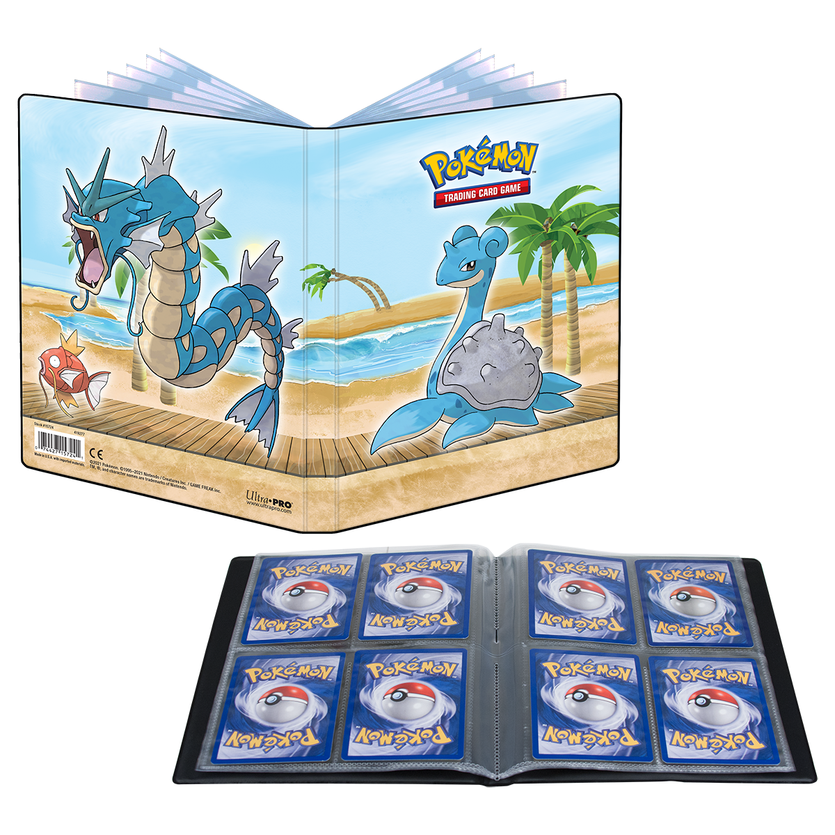 A blue and tan Gallery Series 4-Pocket Portfolio for Pokemon Trading Cards. Features Gyarados and Lapras on a beach.