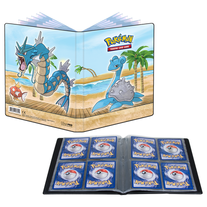 A blue and tan Gallery Series 4-Pocket Portfolio for Pokemon Trading Cards. Features Gyarados and Lapras on a beach.