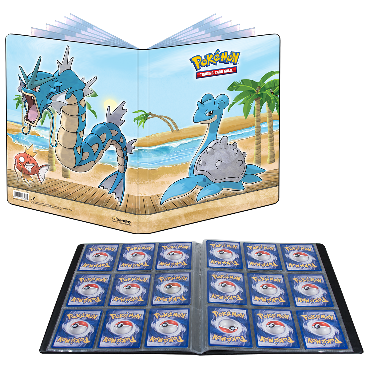 A Gallery Series 9-Pocket Portfolio for Pokémon featuring Gyarados and Lapras on a beach. Brand: Ultra PRO, Item: Gallery Series Seaside 9-Pocket Portfolio for Pokémon.