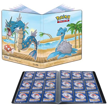 A Gallery Series 9-Pocket Portfolio for Pokémon featuring Gyarados and Lapras on a beach. Brand: Ultra PRO, Item: Gallery Series Seaside 9-Pocket Portfolio for Pokémon.