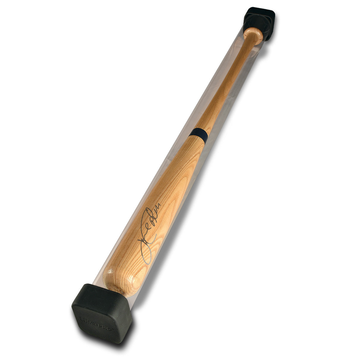 A clear plastic baseball bat display tube with black square end caps. Brand: Ultra PRO, Item: Baseball Bat Tube Display with Square End Caps.