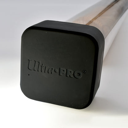 A clear plastic baseball bat tube display with black square end caps. The end cap features the "Ultra-Pro" logo.