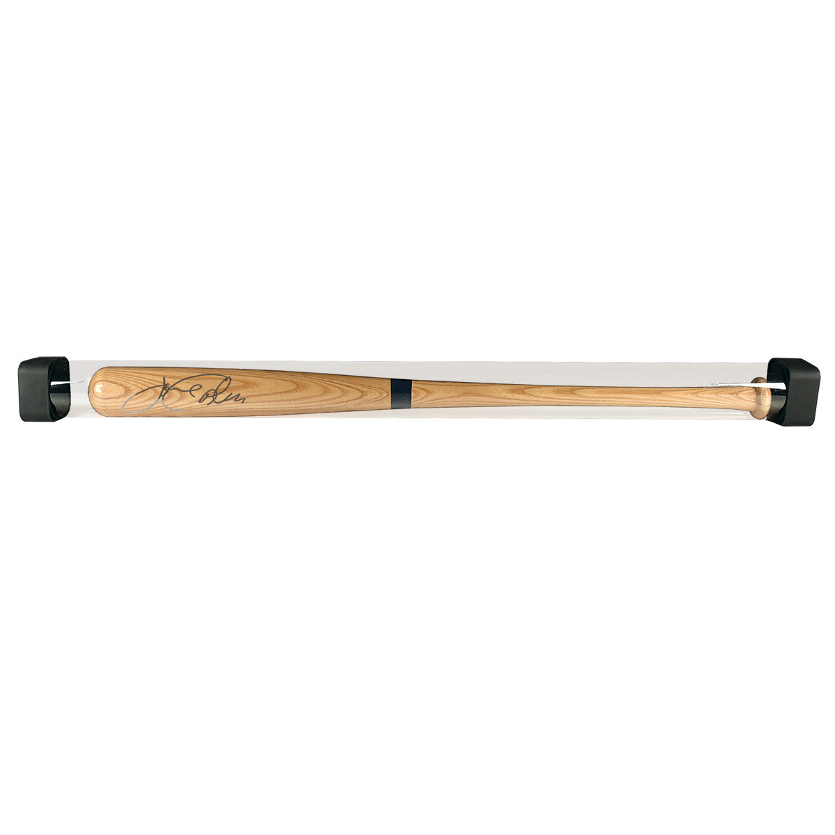 A clear baseball bat display tube with black square end caps. Item: Baseball Bat Tube Display with Square End Caps.