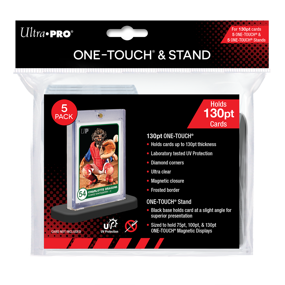 A clear 130pt ONE-TOUCH card holder with stand. Brand: Ultra PRO, Item: 130PT ONE-TOUCH® & Stands (5ct).