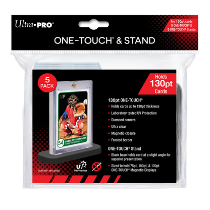 A clear 130pt ONE-TOUCH card holder with stand. Brand: Ultra PRO, Item: 130PT ONE-TOUCH® & Stands (5ct).